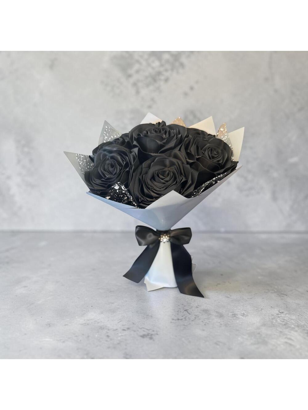 Handmade Black Satin Rose Bouquet With Satin Ribbon Wrap